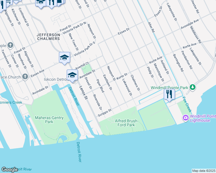 map of restaurants, bars, coffee shops, grocery stores, and more near 284 Eastlawn Street in Detroit