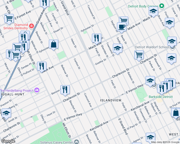 map of restaurants, bars, coffee shops, grocery stores, and more near 3139 Helen Street in Detroit