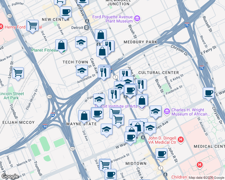 map of restaurants, bars, coffee shops, grocery stores, and more near 51 West Palmer Avenue in Detroit
