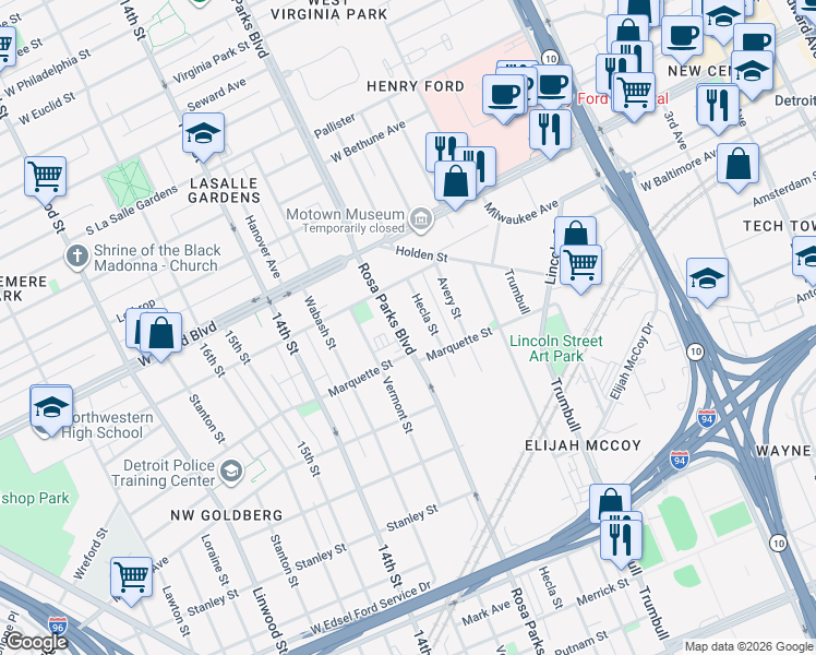 map of restaurants, bars, coffee shops, grocery stores, and more near 6185 Rosa Parks Boulevard in Detroit