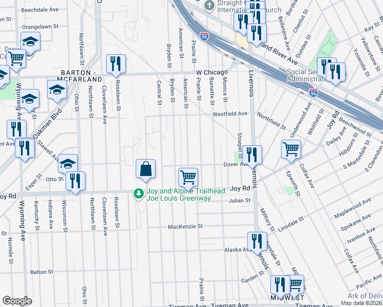 map of restaurants, bars, coffee shops, grocery stores, and more near 9052 American Street in Detroit