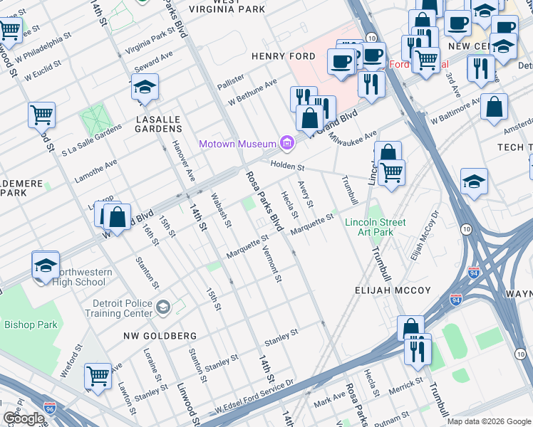 map of restaurants, bars, coffee shops, grocery stores, and more near 6185 Rosa Parks Boulevard in Detroit
