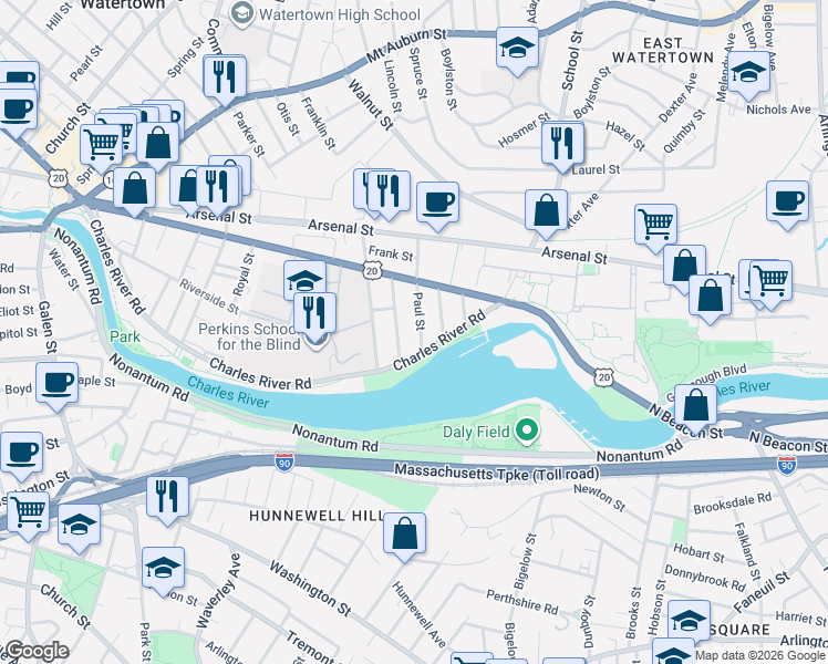 map of restaurants, bars, coffee shops, grocery stores, and more near 41 Paul Street in Watertown
