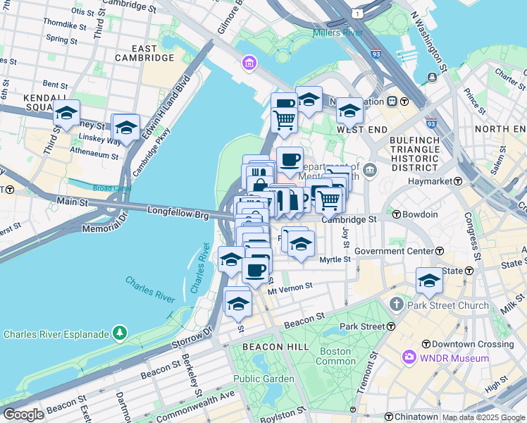 map of restaurants, bars, coffee shops, grocery stores, and more near Cambridge Street Avenue in Boston