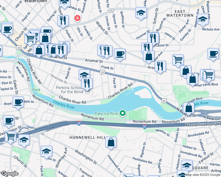 map of restaurants, bars, coffee shops, grocery stores, and more near 48 Pequossette Street in Watertown
