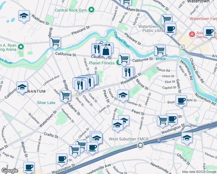 map of restaurants, bars, coffee shops, grocery stores, and more near 4 Capital Street in Newton