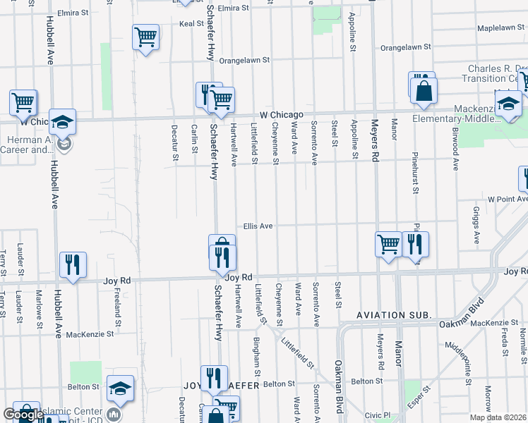 map of restaurants, bars, coffee shops, grocery stores, and more near 9140 Littlefield Street in Detroit