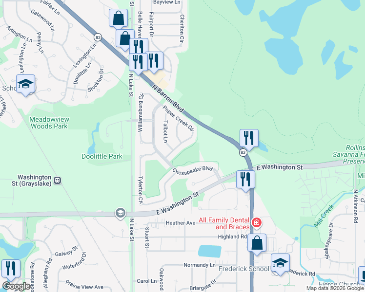 map of restaurants, bars, coffee shops, grocery stores, and more near 1041 Popes Creek Circle in Grayslake