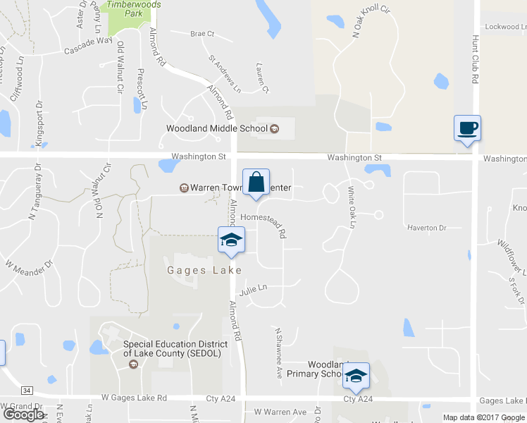 map of restaurants, bars, coffee shops, grocery stores, and more near 34317 Homestead Road in Gurnee