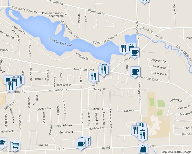 map of restaurants, bars, coffee shops, grocery stores, and more near 38089 Richland Street in Livonia