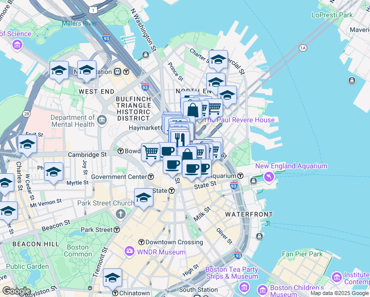 map of restaurants, bars, coffee shops, grocery stores, and more near 98 Blackstone Street in Boston