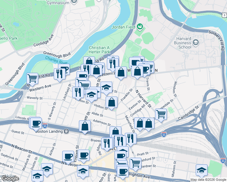 map of restaurants, bars, coffee shops, grocery stores, and more near 57 Riverdale Street in Boston