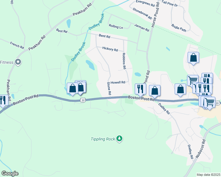 map of restaurants, bars, coffee shops, grocery stores, and more near 16 Stone Road in Sudbury