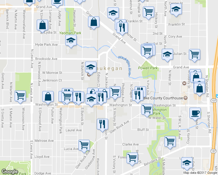 map of restaurants, bars, coffee shops, grocery stores, and more near 113 North Jackson Street in Waukegan