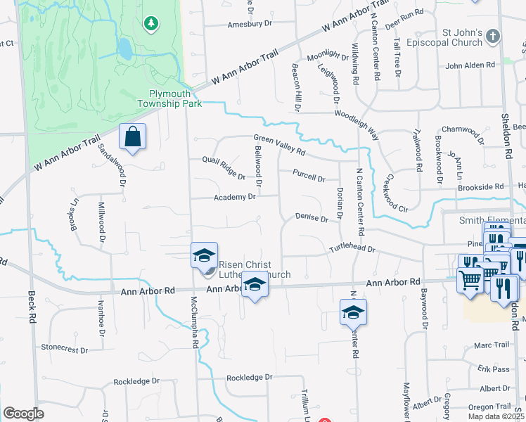 map of restaurants, bars, coffee shops, grocery stores, and more near 46030 Litchfield Drive in Plymouth