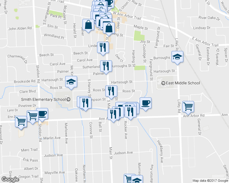 map of restaurants, bars, coffee shops, grocery stores, and more near 1230 Dewey Street in Plymouth