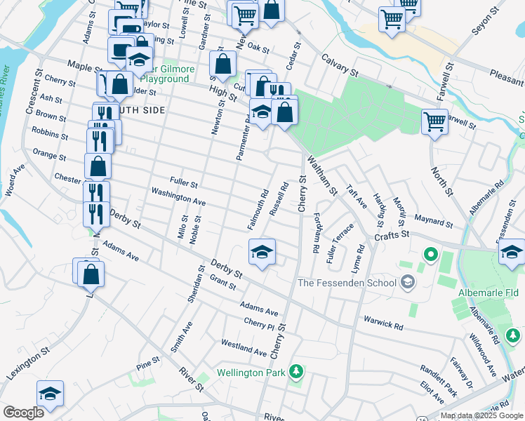map of restaurants, bars, coffee shops, grocery stores, and more near 64 Falmouth Road in Newton