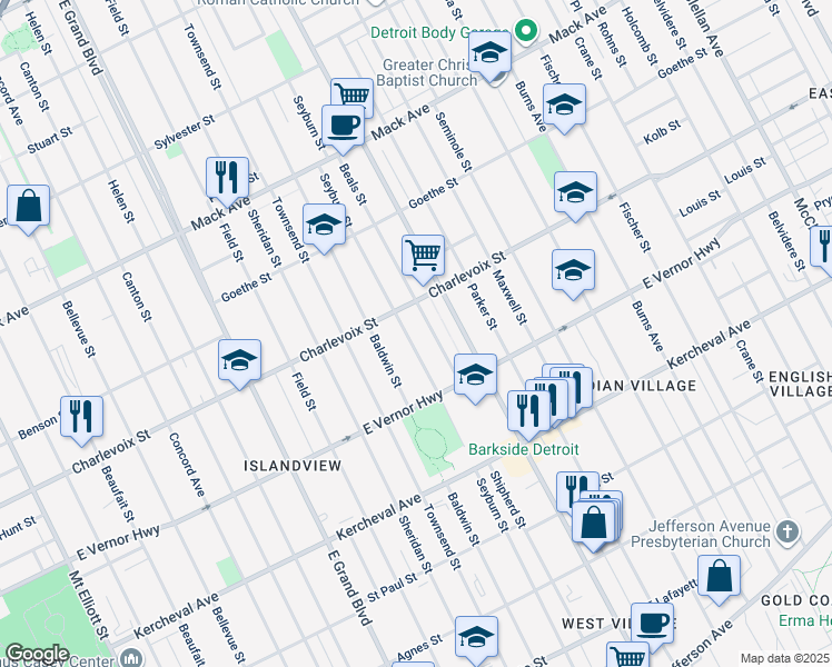 map of restaurants, bars, coffee shops, grocery stores, and more near 2528 Seyburn Street in Detroit
