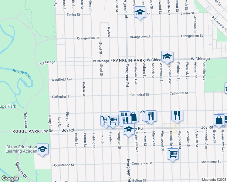 map of restaurants, bars, coffee shops, grocery stores, and more near 9218 Heyden in Detroit
