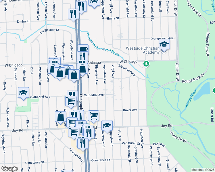 map of restaurants, bars, coffee shops, grocery stores, and more near 9168 Appleton in Redford Charter Township