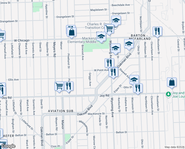 map of restaurants, bars, coffee shops, grocery stores, and more near 9020 Griggs Street in Detroit