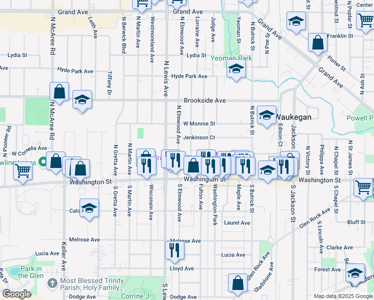 map of restaurants, bars, coffee shops, grocery stores, and more near 103 Burton Avenue in Waukegan