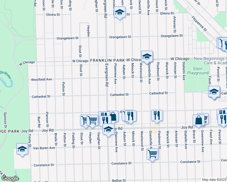 map of restaurants, bars, coffee shops, grocery stores, and more near 9213 Plainview Avenue in Detroit