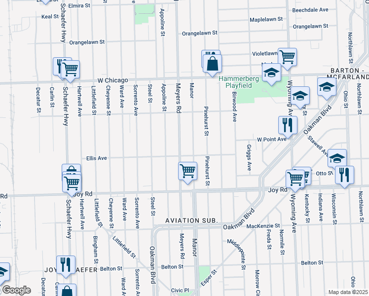 map of restaurants, bars, coffee shops, grocery stores, and more near 9130 Meyers Rd in Detroit