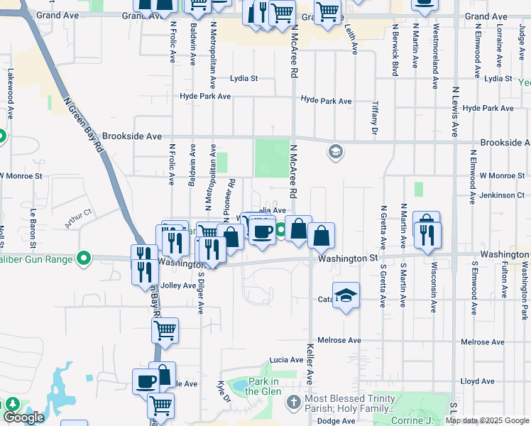 map of restaurants, bars, coffee shops, grocery stores, and more near 2629 West Cornelia Avenue in Waukegan