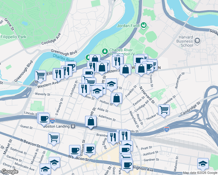 map of restaurants, bars, coffee shops, grocery stores, and more near 17 Raymond Street in Boston