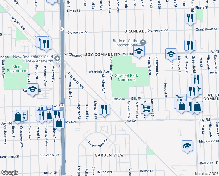 map of restaurants, bars, coffee shops, grocery stores, and more near 9155 Grandmont Avenue in Detroit