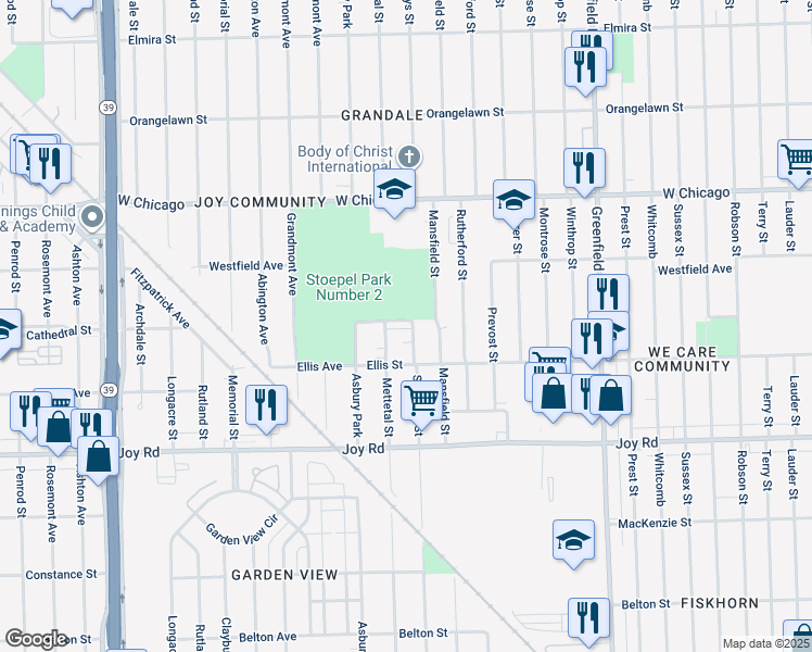 map of restaurants, bars, coffee shops, grocery stores, and more near 16211 Cathedral Street in Detroit