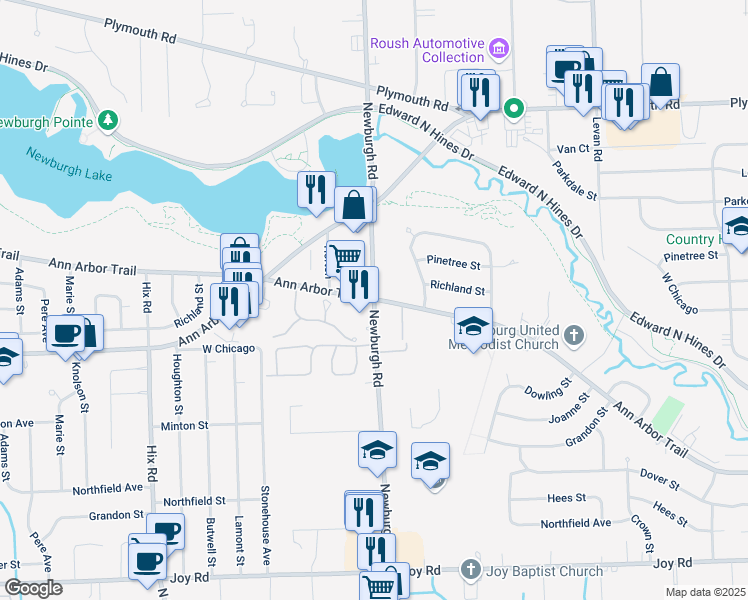 map of restaurants, bars, coffee shops, grocery stores, and more near Ann Arbor Trail & Newburgh Rd in Livonia