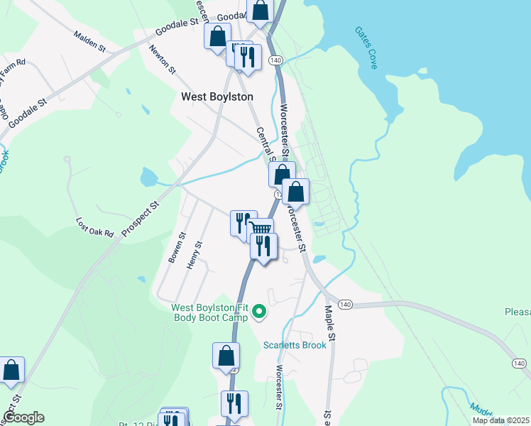 map of restaurants, bars, coffee shops, grocery stores, and more near 26 Massachusetts 12 in West Boylston