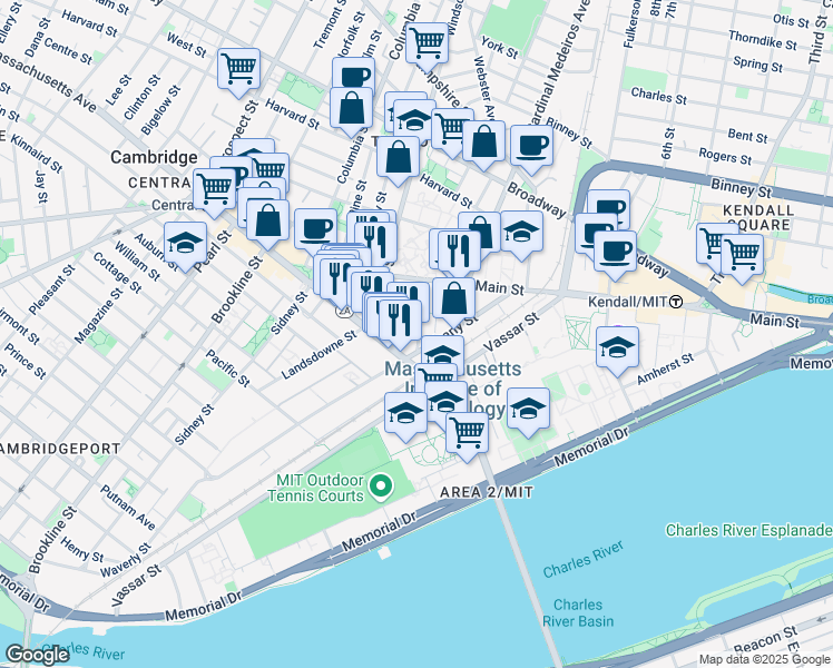 map of restaurants, bars, coffee shops, grocery stores, and more near 21 Osborn Street in Cambridge