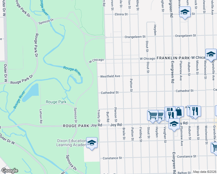 map of restaurants, bars, coffee shops, grocery stores, and more near 9224 Burt Road in Detroit