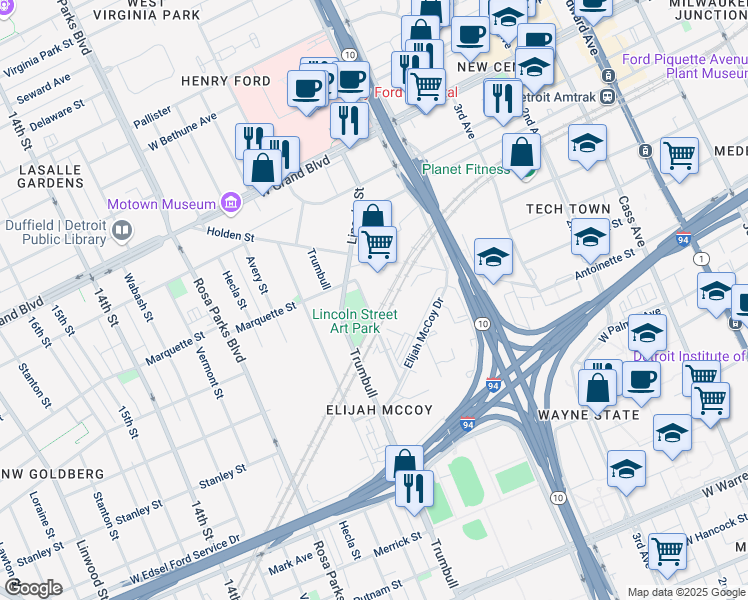 map of restaurants, bars, coffee shops, grocery stores, and more near 5924 Lincoln Street in Detroit