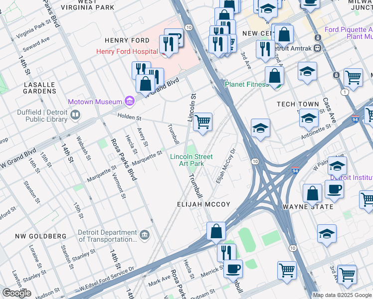 map of restaurants, bars, coffee shops, grocery stores, and more near 5900 Trumbull in Detroit
