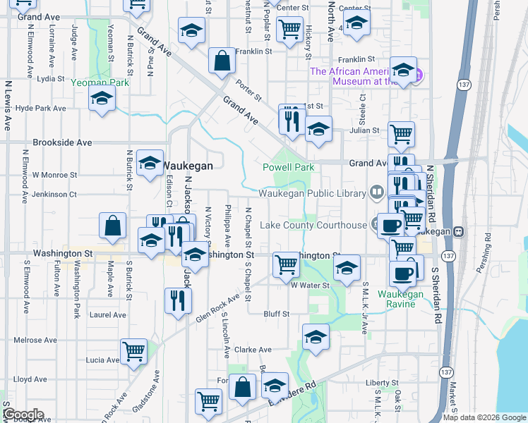 map of restaurants, bars, coffee shops, grocery stores, and more near 108 North Saint James Street in Waukegan