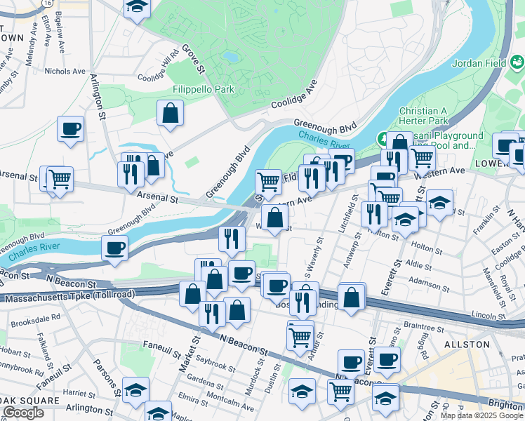 map of restaurants, bars, coffee shops, grocery stores, and more near 516-522 Western Avenue in Boston