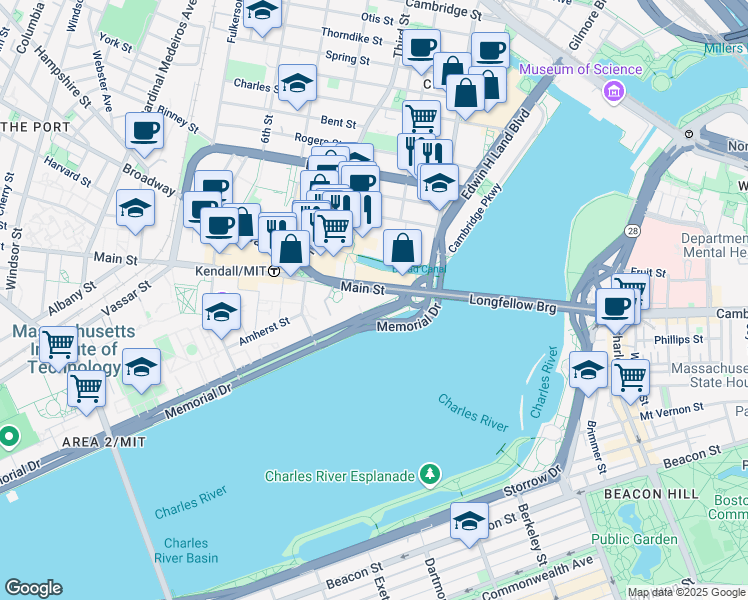 map of restaurants, bars, coffee shops, grocery stores, and more near 1 Memorial Drive in Cambridge