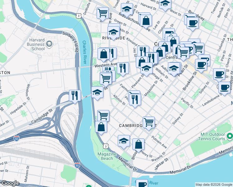 map of restaurants, bars, coffee shops, grocery stores, and more near 25 Andrew Street in Cambridge