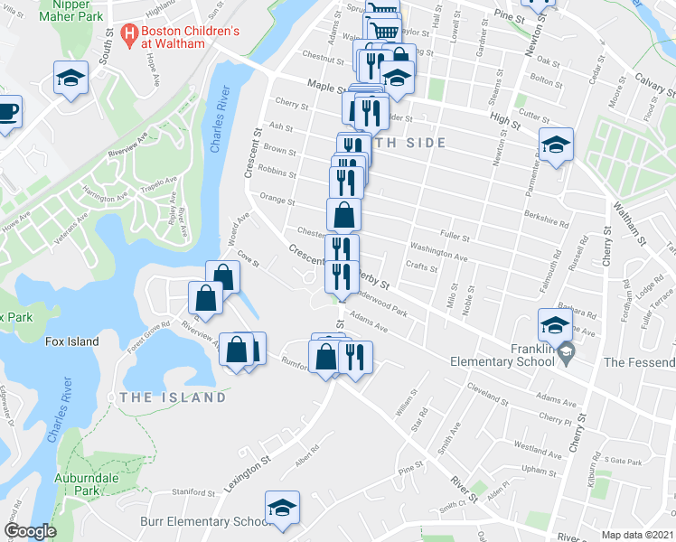 map of restaurants, bars, coffee shops, grocery stores, and more near 863 Moody Street in Waltham