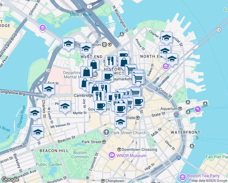 map of restaurants, bars, coffee shops, grocery stores, and more near 30 Hawkins Street in Boston