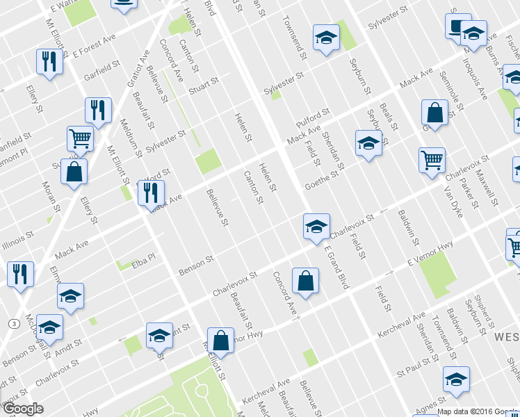 map of restaurants, bars, coffee shops, grocery stores, and more near 3177 Canton Street in Detroit