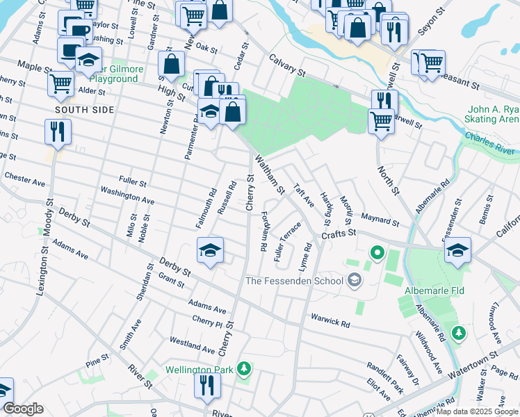 map of restaurants, bars, coffee shops, grocery stores, and more near 33 Fordham Road in Newton