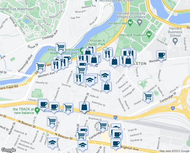 map of restaurants, bars, coffee shops, grocery stores, and more near 1 Raymond Street in Boston