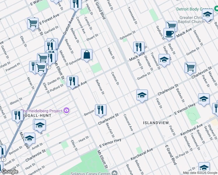 map of restaurants, bars, coffee shops, grocery stores, and more near 3209 Concord Avenue in Detroit