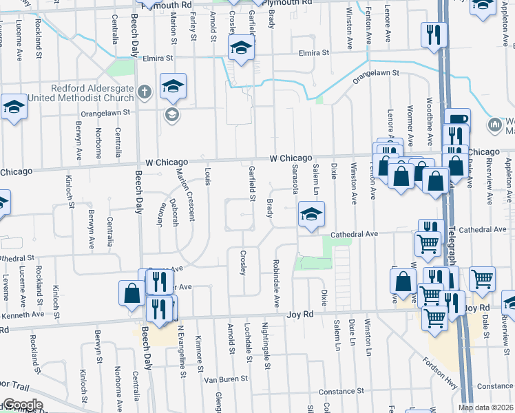 map of restaurants, bars, coffee shops, grocery stores, and more near 9230 Garfield in Redford Charter Township