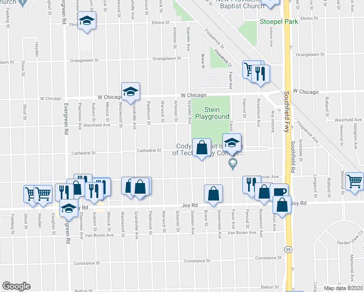 map of restaurants, bars, coffee shops, grocery stores, and more near 9202 Artesian Street in Detroit